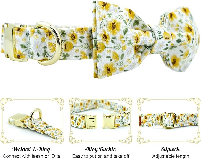 Tunkoo Dog Collar Floral with Elegant Bow Tie Soft Comfy Cotton Adjustable Collar, Premium Metal Buckle for Puppy and Cat Small Medium Large(Daisy Flowers,L)