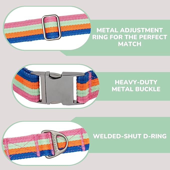 ADITYNA Cotton Dog Collar with AirTag Holder - Heavy-Duty Metal Buckle, Breathable, Easy Adjustable for Large & Extra-Large Breeds - for Walking, Training (Bright Rainbow, Fits 19-30" Necks)