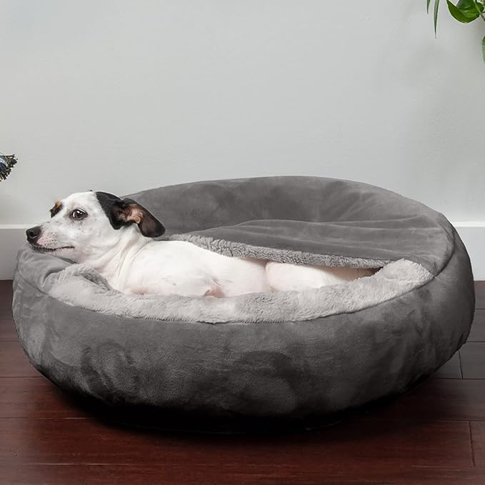 Furhaven 24" Round Calming Donut Dog Bed for Indoor Cats & Small Dogs, Washable, For Dogs Up to 20 lbs - Plush Velvet Waves Hooded Donut Bed - Dark Gray, Small