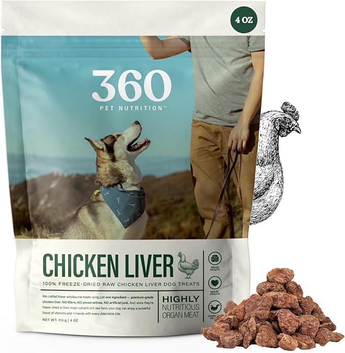 360 Pet Nutrition Freeze-Dried Raw Chicken Liver Dog or Cat Treats, Single Ingredient, High Protein, Grain-Free, USA Made, All-Natural, 4 oz (Chicken Liver), Healthy, Training Snacks, Premium Quality
