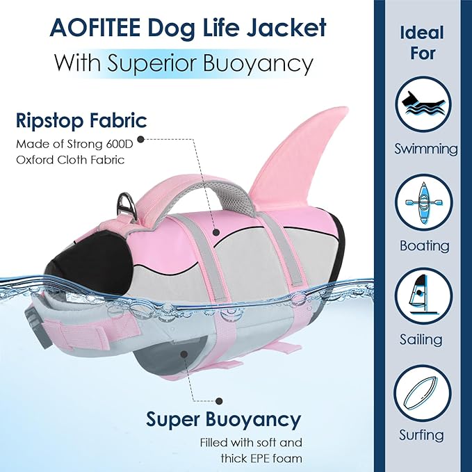 AOFITEE Dog Life Vest, Dog Life Jacket Shark, Reflective Puppy Safety Vest with Superior Buoyancy and Rescue Handle, Adjustable Dogs Swimsuit Float Coat for Small Medium Large Dogs, XS