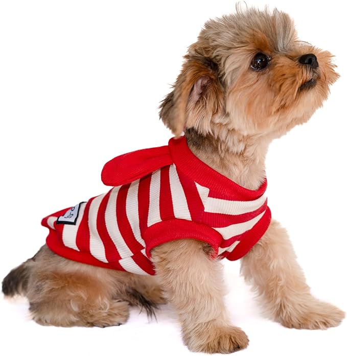 Soft Cotton Striped Shirt,Small Dog Christmas Bunny Costumes Rabbit Clothes for Easter Day Halloween for Small Dogs Teacup Dog Chihuahua Yorkie Boy or Girl-Red and White Stripes XXS