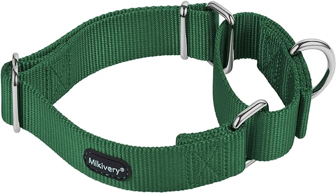 Mikivery Martingale Dog Collar Nylon Adjustable and Safety Training Colourful Comfortable Metal Buckle Pet Collars for Small Medium and Large Dogs(Dark Green,L)