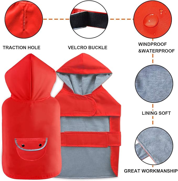 Small Dog Raincoat Dogs Rain Jacket Reflective Lined Breathable Poncho Rainwear Waterproof Pet Clothes Pocket Hooded Leash Hole Adjustable for Puppy,Red,S,Back Length 8.3 Inch