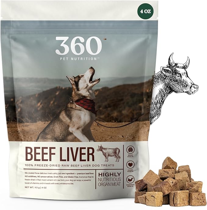 360 Pet Nutrition Freeze-Dried Raw Beef Liver Dog or Cat Treats, Single Ingredient, High Protein, Grain-Free, Made in USA, All-Natural, 4 oz (Beef Liver), Healthy, Training Snacks, Premium Quality