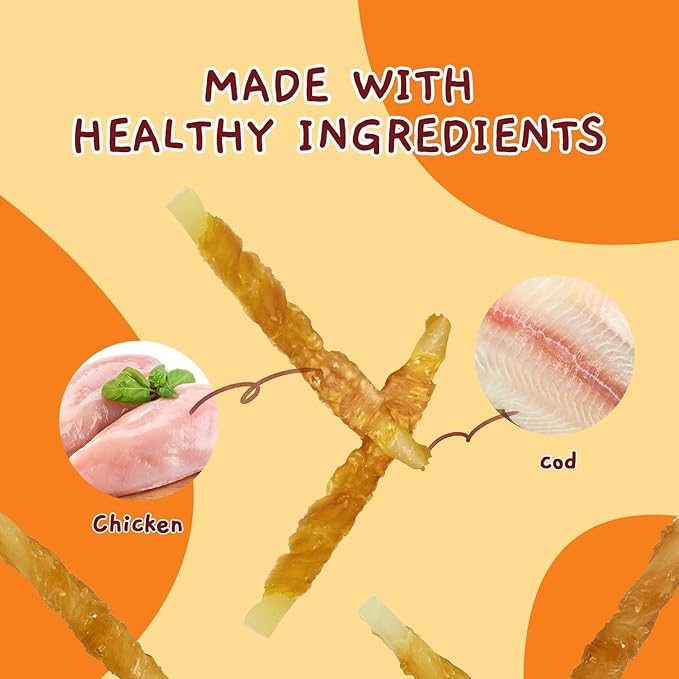 Jungle Calling Rawhide Free Treats for Dogs, Chicken Wrapped Cod Sticks Dog Treats, Soft Chewy Treats for Training Rewards, 10.6 oz (Chicken)