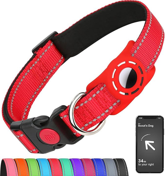 Airtag Dog Collar with AirTag Holder for Medium Dogs, Reflective, Soft Padded & Safety Locking Buckle, Nylon Pet Collars Adjustable for All Breeds, Red,M