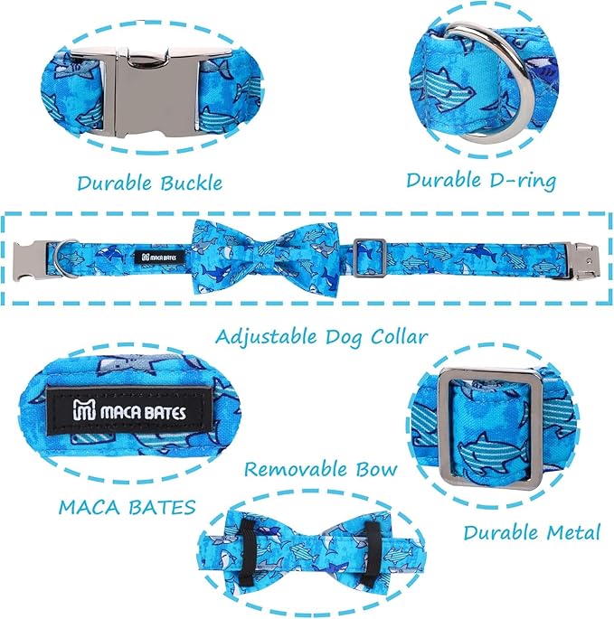 Maca Bates Shark Dog Collar with Breakaway Bow Tie Boetie Puppy Collar with Metal Buckle Cute Pink Adjustable Wide Soft for Small Medium Large Dogs for Girl Boy Pets