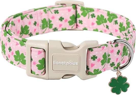Lionet Paws St. Patrick Dog Collar- Cute Clover Pink Dog Collars with Plastic Buckle, Light Adjustable Dog Collars with Clover Pendant for Medium Large Dogs