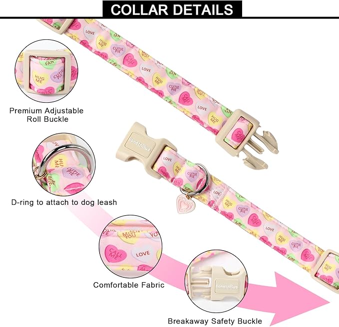 Lionet Paws Valentine's Dog Collar- Cute Pink Sweet Heart Dog Collars with Plastic Buckle, Light Adjustable Dog Collars for Small Medium Dogs