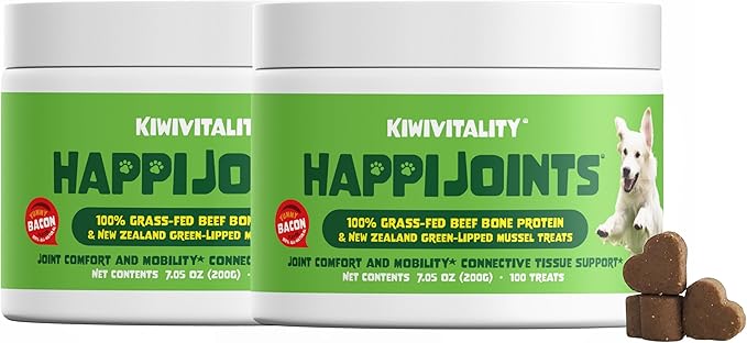 HappiJoints Hip and Joint Supplement Treats for Dogs, Cats • 100% Grass-Fed Beef Bone Collagen New Zealand Green-Lipped Mussels • 200 Treats 2-Pack