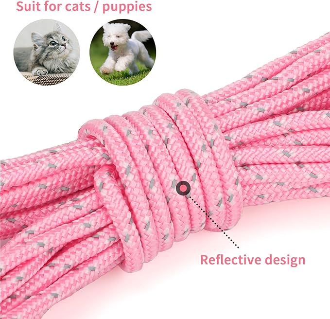 Rypet Reflective Cat Long Leash - 50 FT Escape Proof Walking Leads Yard Long Lead Durable Safe Personalized Extender Leash Traning Play Outdoor for Kitten, Puppy, Rabbit and Small Animals(Pink-L)