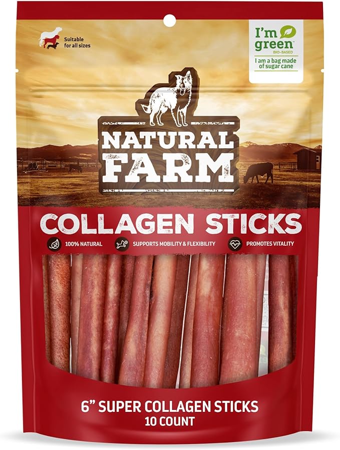 Natural Farm Odor-Free Super Collagen Dog Chews (6-Inch, 10-Pack) The First Ever Real Bull Sticks Alternative: 100% Natural Angus Hide Collagen Treats - More Protein, More Chew Time for All Dogs