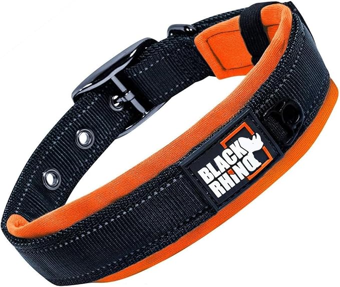 Black Rhino Dog Collar for Large Dogs - Adjustable Reflective Heavy Duty Dog Collars with Ultra-Soft Neoprene Padding - Weatherproof, Durable, and Comfortable for Active Dogs - Orange and Black