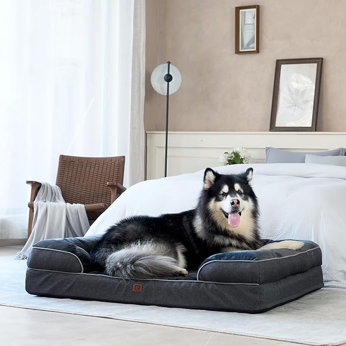 EHEYCIGA Orthopedic Dog Beds for Extra Large Dogs, Waterproof Memory Foam XXL Pet Bed with Sides, Non-Slip Bottom and Egg-Crate Foam Big Dog Couch Bed with Washable Removable Cover, Dark Grey