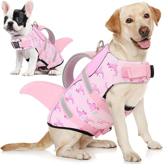 AOFITEE Dog Life Vest for Swimming, Shark Dog Life Jacket Large, High Flotation Dogs Swimming Vest with Rescue Handle and Reflective Stripe, Dogs Lifesaver Swimsuit for Boating Summer Pool Beach, XL