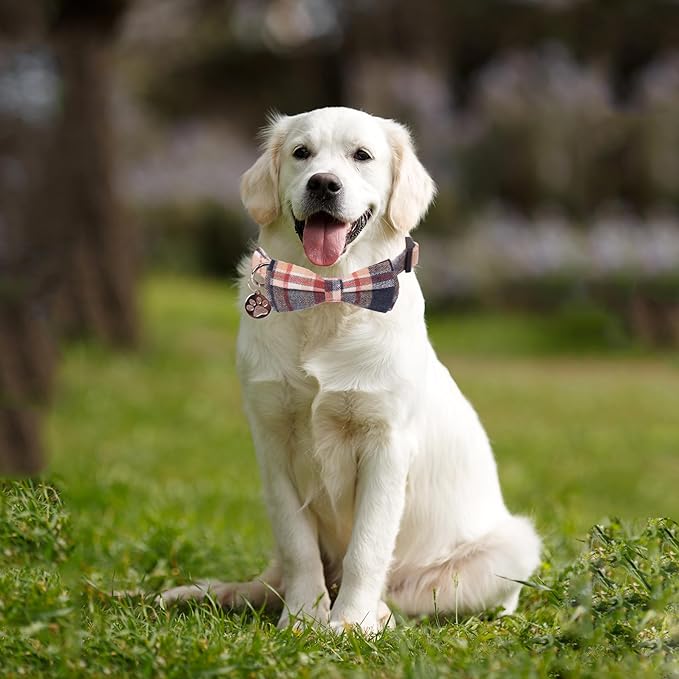 ADOGGYGO Soft Bowtie Dog Collar, Red Blue Plaid Pet Collar with Detachable Bow Tie Adjustable Plaid Collars for Small Medium Large Dogs Pets (Medium)