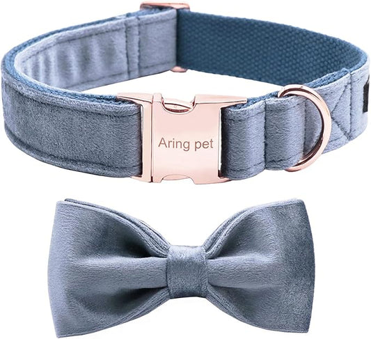 ARING PET Bowtie Dog Collar,Velvet Dog Collars with Detachable Bowtie, Cute &Comfortable Dog Collar, Blue Small.