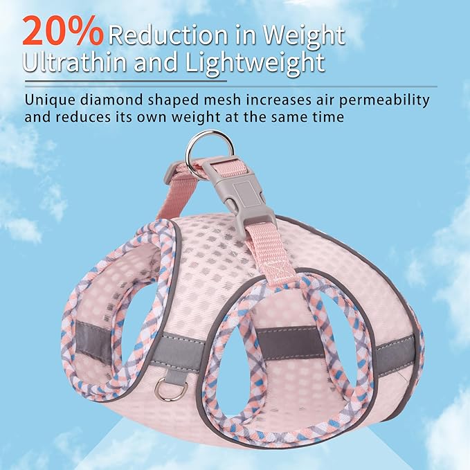 Tiny Dog Harness, All Weather Diamond Mesh, Reflective Stripes, No Pull Step in Lightweight Vest Harness for Puppy, Small Dogs and Cats Pearl Pink XXXS