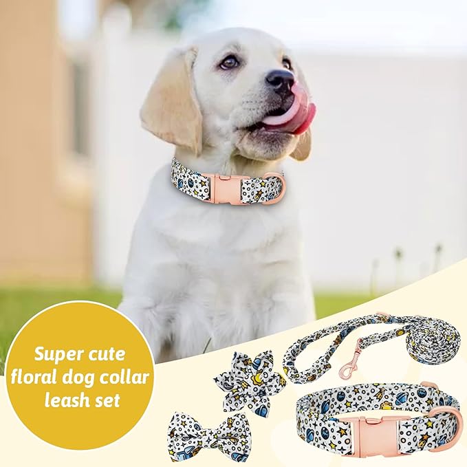 Dog Collar and Leash Set Girls Adjustable Puppy Collars with Floral Bow Tie for Small Medium Large Female Dogs, Solar System, L