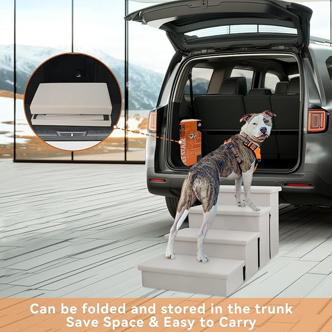 Dog Stairs with Condo 23" H, 4-Step Wider Folding Storage Pet Stairs Gift for Small/Medium/Large Old Dogs Cats, Dog Steps for High Beds Window, Ramp for Climbing Car Up to 200 lbs, Beige Gray