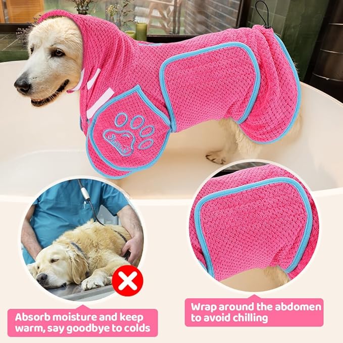 SlowTon Dog Bathrobe Towel - Super Absorbent Microfiber Pet Quick Drying Towel, Wearable Soft Bath Robes for After Bath Shower Swim Wet Walk, Adjustable for Small Middle Large Dogs (Pink, XS)