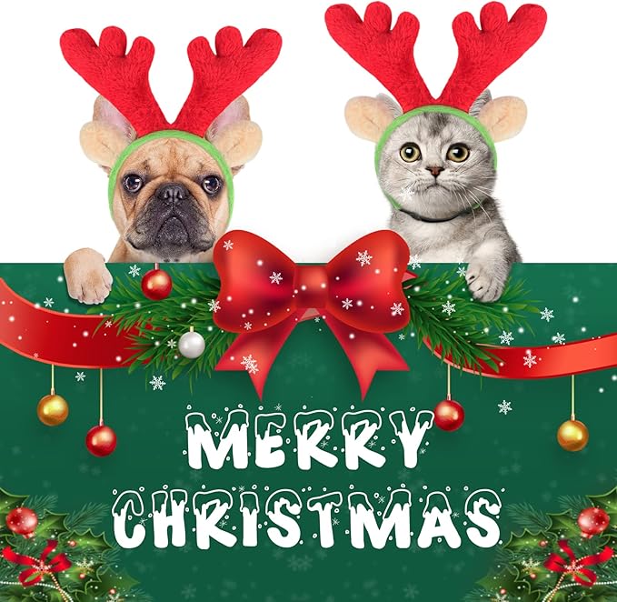BWOGUE Dog Christmas Reindeer Elk Antlers Headband and Red-White-Green Striped Scarf Set Pet Christmas Costume Dog Costumes Accessories for Dogs and Cats