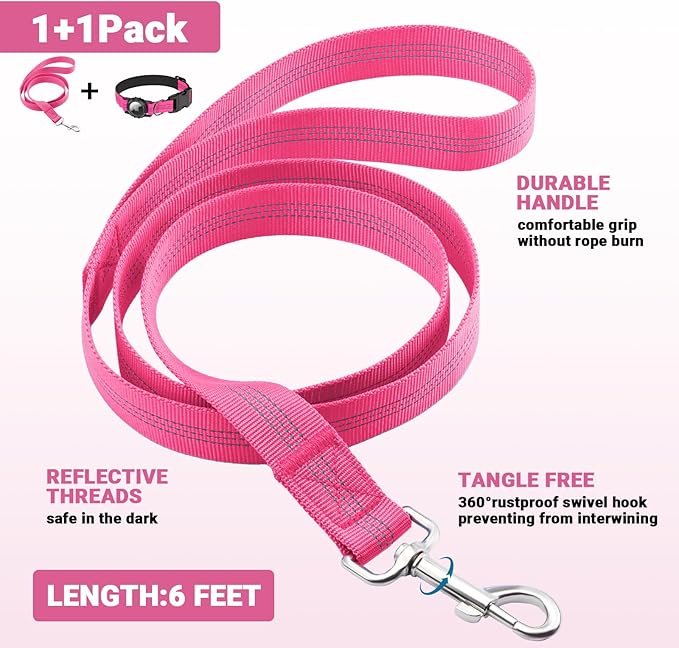 AirTag Dog Collar and Leash, IP68 Waterproof Integrated with Reflective, Ultra-Durable, Comfortable Padded, Heavy Duty Dog Collars for Small Medium Large Dogs, M (12.6"-17.1"), Pink