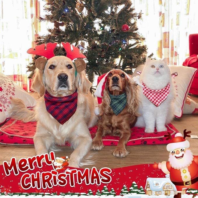 Remifa Dog Bandanas - 6PCS Birthday Gift Washable Green Black Blue Red Square Plaid Printing Christmas Dog Bib Double Reversible Kerchief Scarf Adjustable Accessories for Small to Large Dog Puppy Cat