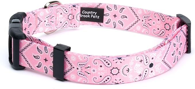 Country Brook Petz - Deluxe Pink Bandana Dog Collar - Made in The U.S.A. - Country and Western Collection Featuring Rustic Designs (5/8 Inch, Small)