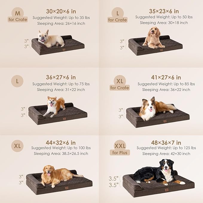 EHEYCIGA Memory Foam Dog Bed Large Sized Dogs, Pet Bed for Large Dog for Crate with Waterproof Liner, Pet Couch Bed Orthopedic with Washable Removable Cover, 35x23x6 Inches, Brown