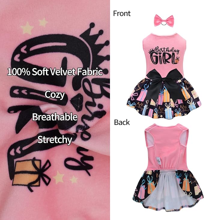 CuteBone Birthday Dog Dresses Velvet Holiday Small Dogs Clothes Onesie Pet Apparel Girl Puppy Skirt with Bow Hair Rope CVA48L-D