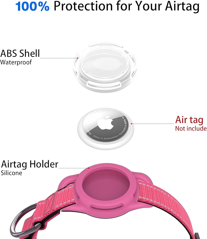 Dog Collar with QR Code, Reflective Dog Collar, Soft Neoprene Padded & Safety Locking Buckle Adjustable Pet Collar (Rose, XS-with Airtag Holder)