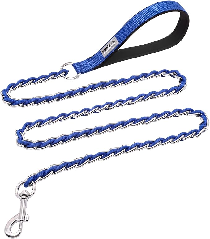 Chain Dog Leash Chew Proof Metal Leash for Medium Large Dogs, Chain Link Dog Leash Anti Chew 5.2FT Strong Anti Bite Dog Leash Comfortable Soft Padded Handle Blue 3.0
