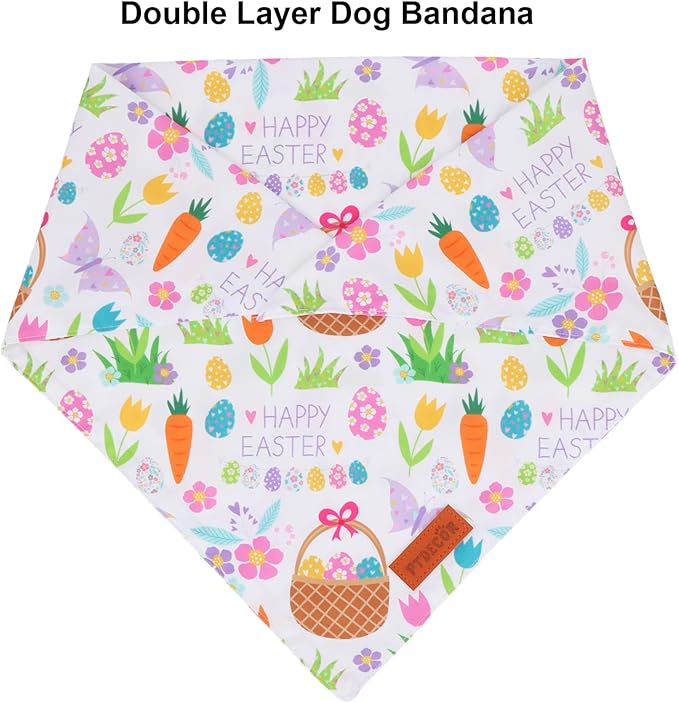 PTDECOR Easter Dog Bandana, Reversible Rabbit Easter Egg Dog Scarf, Multi Size, White Green Bandanas for Medium Large Dogs Pets (White&Green, Large)