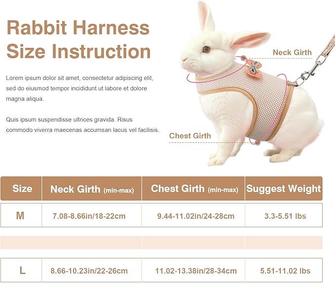 Rabbit Harness and Leash Set with Cute Bow tie Buckle Breathable Mesh Vest Harness for Rabbits Kitten Small Pets Pig Walking(L: Chest Girth 11.02-13.38IN, Khaki)