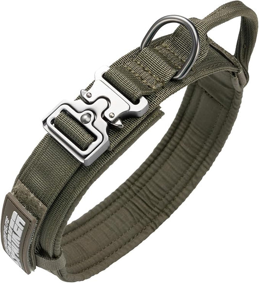 EXCELLENT ELITE SPANKER Tactical Dog Collar Nylon Adjustable Training Collar Military Dog Collar Heavy Duty Metal Buckle with Control Handle for Medium and Large Dogs with Patches(Ranger Green-XL)
