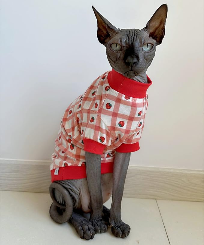 Sphynx Hairless Cat Cute Summer Cotton T-Shirts Pet Clothes,Round Collar Kitten Shirts Cats Apparel (Checkered Strawberry, Small (Pack of 1))