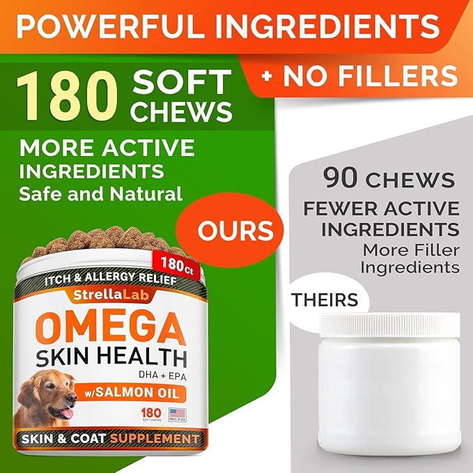 StrellaLab Omega 3 for Dogs - (360Ct) Fish Oil Treats - Allergy & Itch Relief Skin & Coat Supplement - Dry Itchy Skin, Anti Shedding & Hot Spots Treatment - Pet Salmon Oil Chews - Salmon Flavor