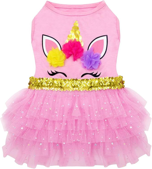 KYEESE Dog Dress Unicorn Tiered Layer Tutu Tulle Dogs Birthday Party Dresses with Sequins Dog Clothes X-Small