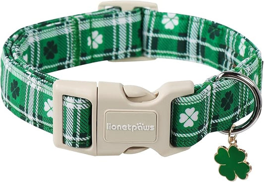 Lionet Paws St. Patrick Dog Collar, Comfortable Adjustable Green Collar with Green Clover Pattern for Small Male Female Dogs Collars, Neck 10-16 inches