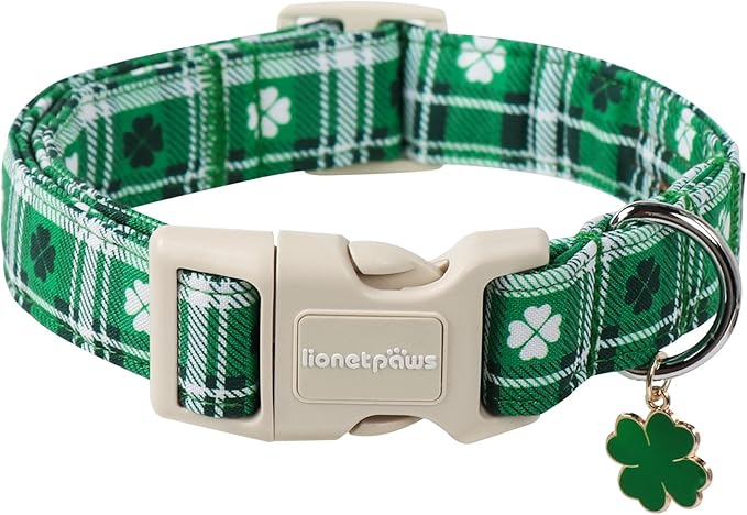 Lionet Paws St. Patrick Dog Collar, Comfortable Adjustable Green Collar with Green Grid Pattern for X-Small Male Female Puppies Dogs Collars, Neck 8-12 inches