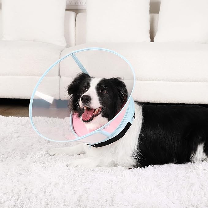 Sponge Core Dog Cone, Inflatable Dog Cone Collar Alternative, Dogs Donut Collar After Surgery, Soft Cone for Large Medium Small Dogs to Stop Licking, No Inflation Required, Clear View(Size 2, Pink)