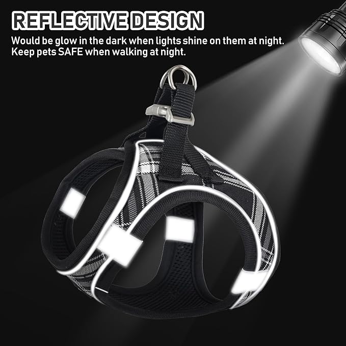 GAMUDA Small Dog Harness Collar and Leash Set, Step in No Chock No Pull Soft Mesh Adjustable Dog Vest Harnesses Plaid Reflective for Dogs Puppy Cats Kitten Rabbit (Black, XXS)