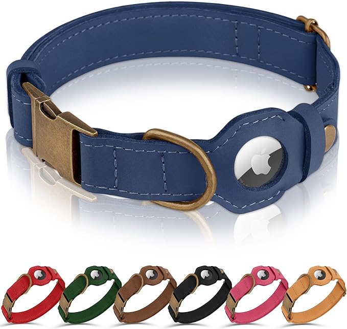 AirTag Dog Collar - Genuine Leather Dog Collar with Apple AirTag Holder and Metal Buckle - Smart GPS Tracking Pet Collars for Small Medium Large Dogs Puppy (Smoky Blue, XS, 9"-12" Neck Fit)