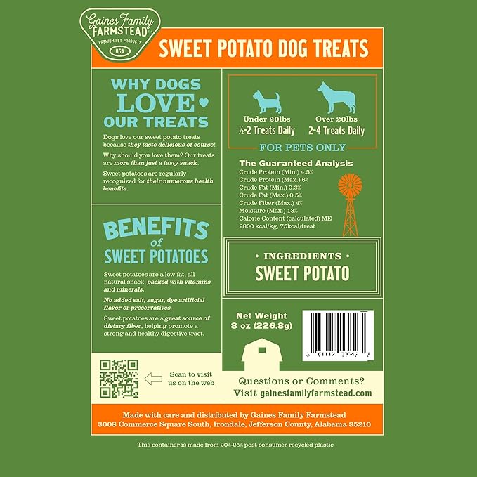 Gaines Family Farmstead Sweet Potato Dog Bones 4 Pack – 32 oz, All-Natural, Single Ingredient, Grain-Free Dog Treats for Digestive Health, Training & Rewards – High-Fiber, Made in USA