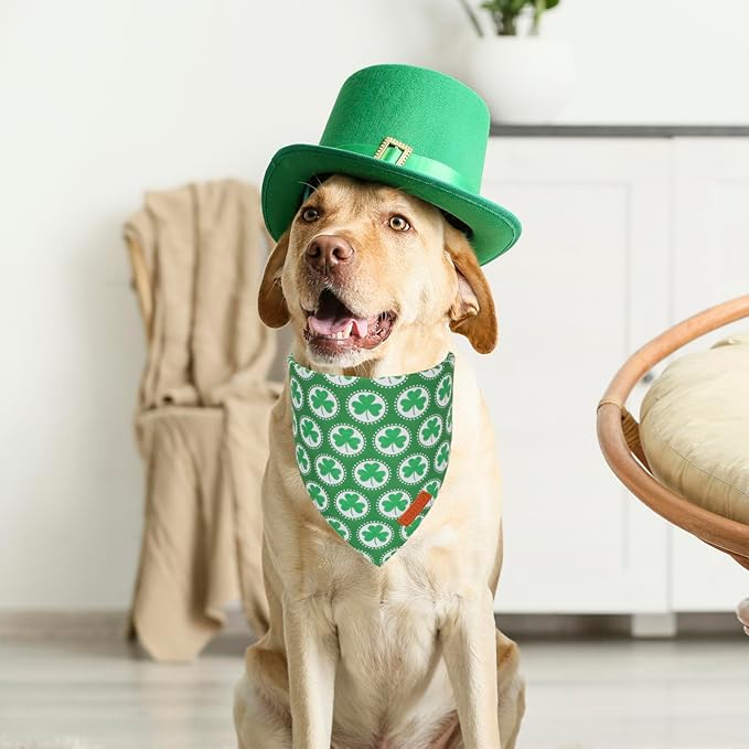PTDECOR St.Patrick's Day Dog Bandana,Green Shamrock Reversible Holiday Dog Scarf, Multi Size, Triangle Irish Bandanas for Medium Large Pets (Large)