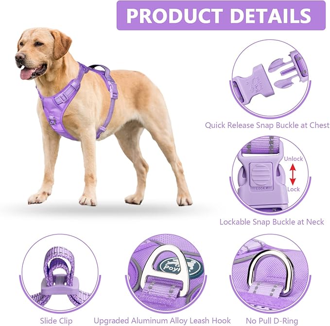 PoyPet No Pull Dog Harness, No Choke Reflective Dog Vest, Adjustable Pet Harnesses with Easy Control Padded Handle for Small Medium Large Dogs(Light Purple Matching Trim,XL)