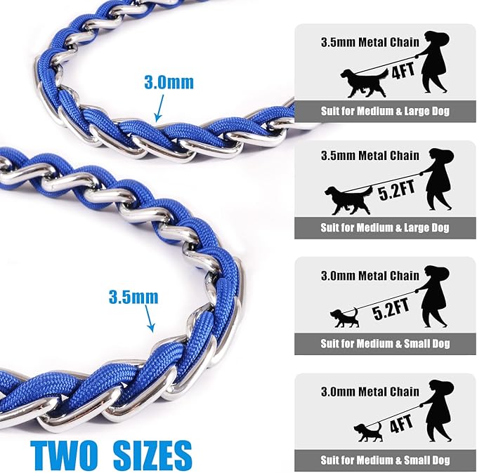 Chew Proof Metal Leash Chain for Medium Large Dogs, 4FT Strong Anti Chew, Comfortable Soft Padded Handle Blue