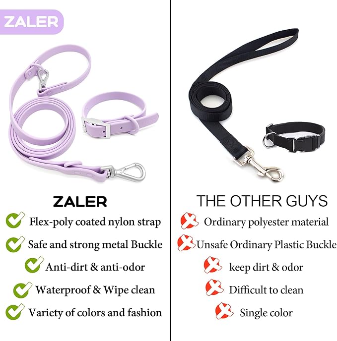 ZALER Dog Collar and Leash Set, Waterproof Adjustable Odor Proof Pet Collars Leashes Easy to Clean, 6FT Dog Leash with 2 Hooks for Large, Medium Small Dogs (XL, Purple)